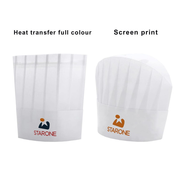 A white disposable non-woven chef hat with pleats and a logo on the front, available in two printing options.