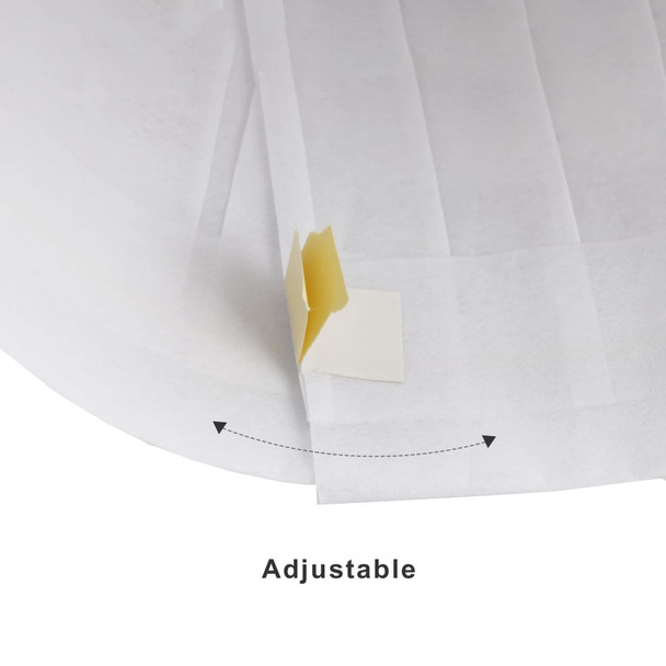 A disposable non-woven chef hat in white, featuring an adjustable tab for sizing. It has a simple design with pleats. A disposable non-woven chef hat in white, featuring an adjustable tab for sizing. It has a simple design with pleats.