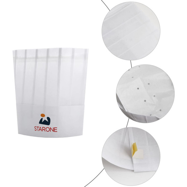 A disposable non-woven chef hat in white, featuring a logo and subtle perforations for breathability. A disposable non-woven chef hat in white, featuring a logo and subtle perforations for breathability.