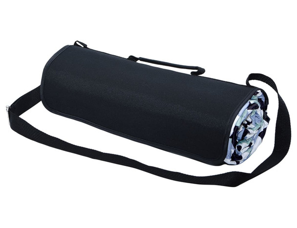 A rolled-up picnic rug in black with a patterned interior, featuring a carrying strap for easy transport.