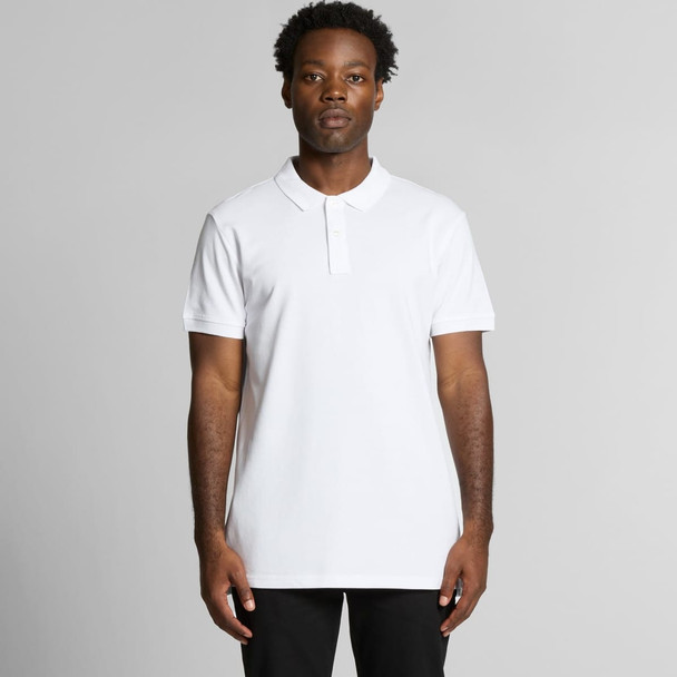 A white polo shirt with a collar and a logo, featuring a straight cut design.