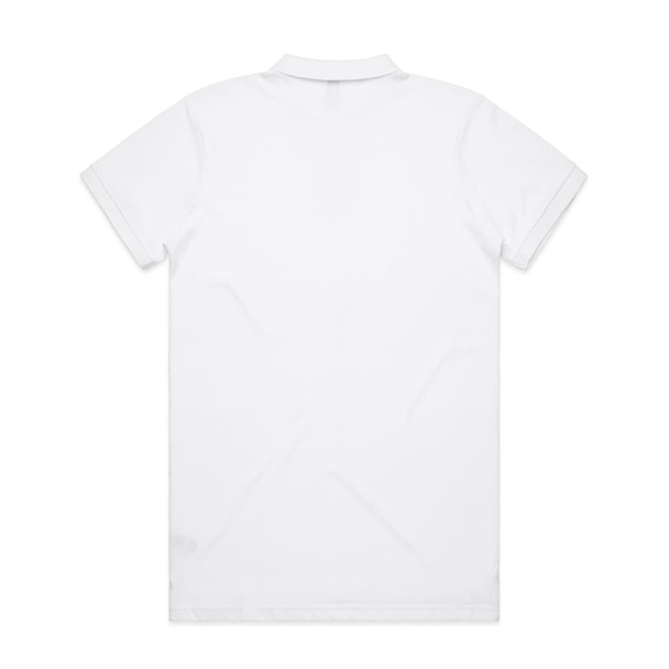 A plain white polo shirt featuring a collar and short sleeves, with a branding logo on the back.