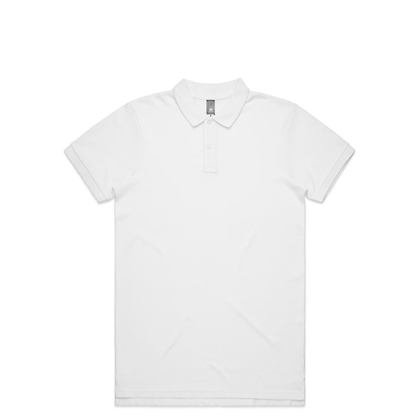 A white polo shirt with a collar and short sleeves, featuring a logo on the chest.