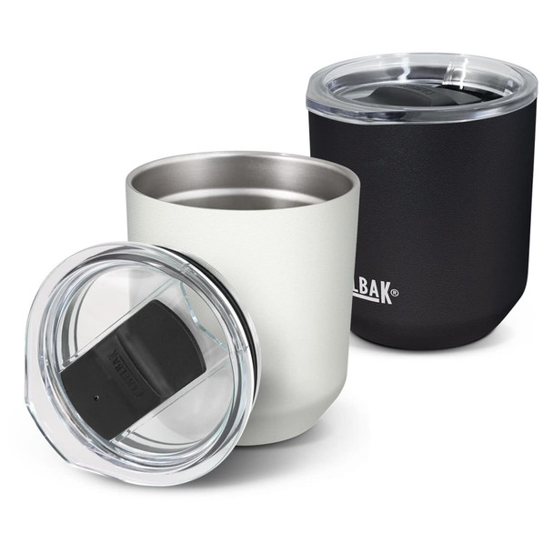 A drink bottle featuring a black and a white vacuum tumbler with clear lids and a logo. A drink bottle featuring a black and a white vacuum tumbler with clear lids and a logo.