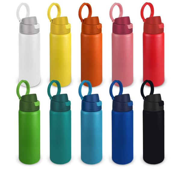 A drink bottle collection featuring various colours, including white, yellow, orange, pink, red, green, teal, blue, and black, with a logo.