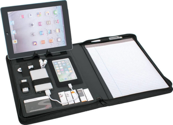 A black zip portfolio featuring compartments for an iPad, phone, power bank, and notepad.