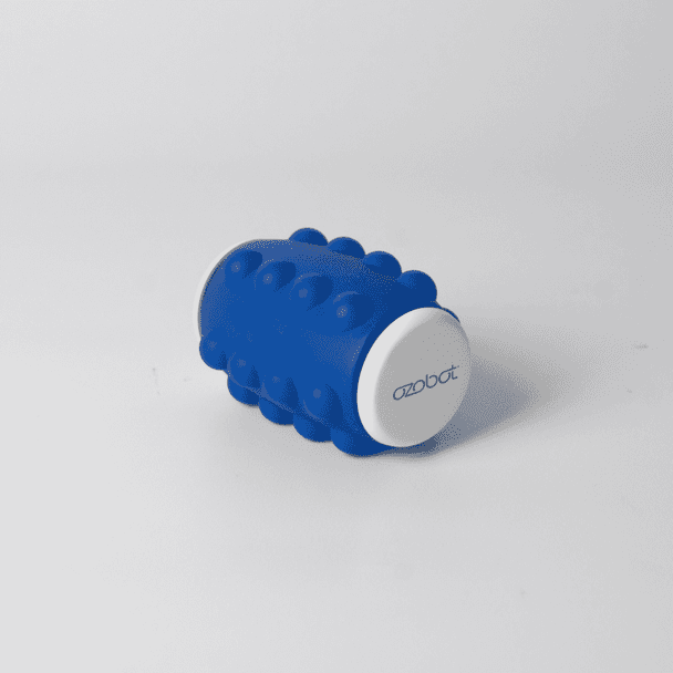 A blue Whirl Popper Spinner with a white top and bottom, featuring a logo on one side.