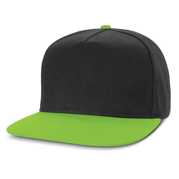 A flat peak cap featuring a dark gray body and a bright green brim.