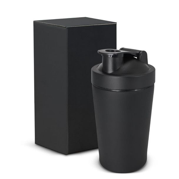 A drink bottle in matte black with a secure lid, displayed next to a black box. It features a logo.
