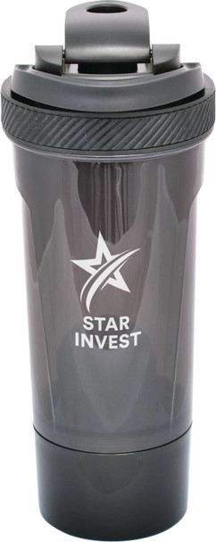 A drink bottle in black, featuring a logo and a design suitable for protein shakes.