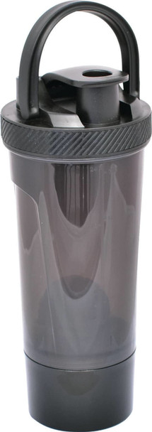 A drink bottle in black, featuring a handle and a screw-top lid, with a built-in compartment for mixing.