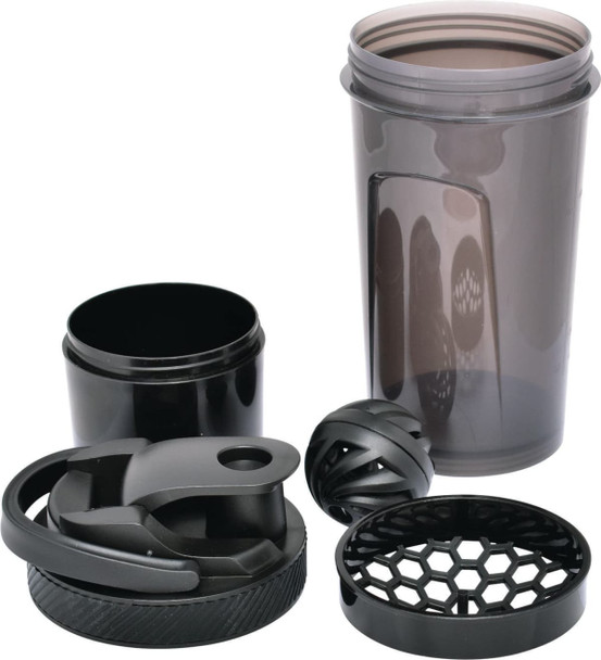 A drink bottle in black featuring a removable lid, mixing ball, and a compartment for storage.
