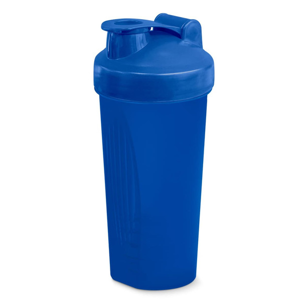 A drink bottle in blue, designed as a protein shaker with a secure lid and spout, featuring a branding logo.