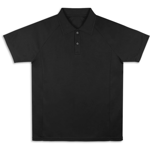 A black polo shirt with a collar and button placket, featuring a logo on the chest.