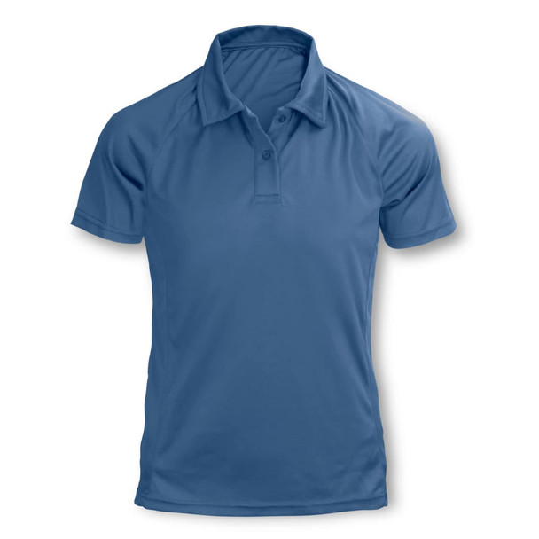 A blue women's polo shirt with a collar and short sleeves, featuring a logo on the chest.