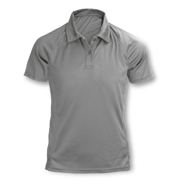 A grey women's polo shirt with a classic collar and short sleeves, featuring a logo.