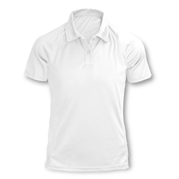 A white polo shirt featuring a collar and short sleeves, with a branding logo on the front.