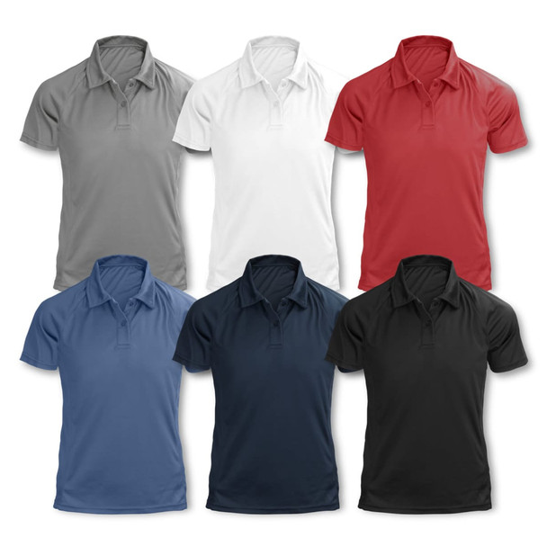 Set of TRENDSWEAR Ace Performance Women's Polo shirts in grey, white, red, blue, navy, and black, featuring a logo.