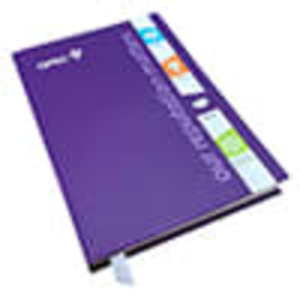 A5 laminated hardcover diary in purple, featuring PUR binding and a day-to-page layout. Includes branding on the cover.
