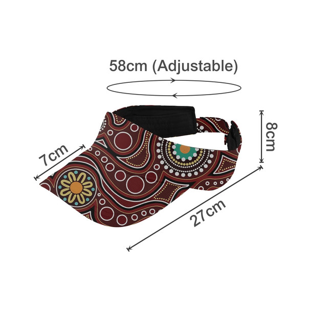 A full sublimation visor in deep red with intricate patterns and an adjustable strap, measuring 58cm in circumference.