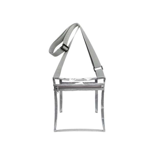 A clear PVC crossbody bag in transparent and grey, featuring an inner pouch and an adjustable strap.