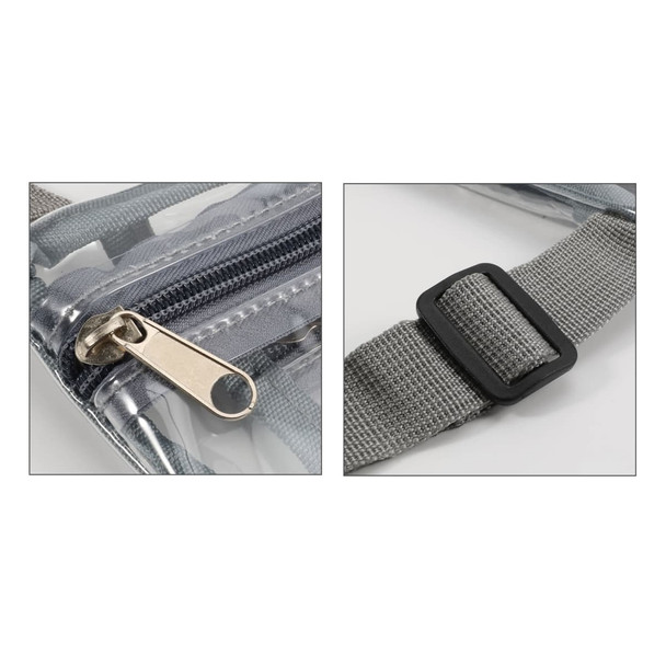 A clear PVC crossbody bag with a silver zipper and adjustable grey strap, featuring an inner pouch.