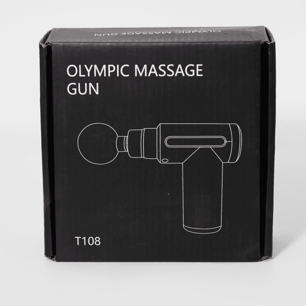 A black box containing the Olympic Massage Gun illustration, featuring a logo and a simple design.