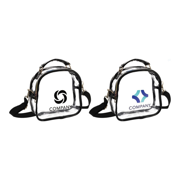 A clear PVC waterproof crossbody bag with black trim and adjustable shoulder straps, featuring logos on both sides.