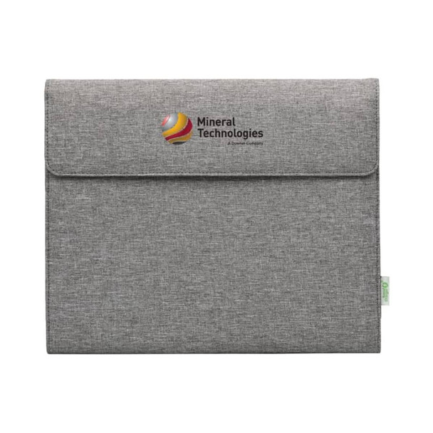 A grey business folio with a flap closure and a logo in the centre. Features a textured fabric design.