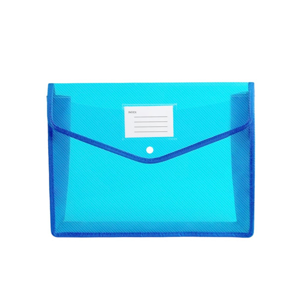 A turquoise expanding document folder with a blue border and a clear label area. It features a button closure and has a logo.