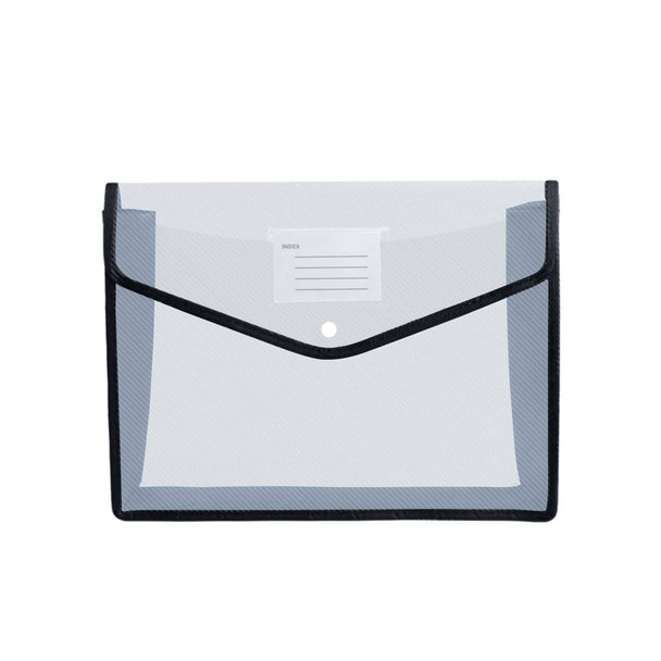 A transparent envelope expanding document folder with a black border and a label area for identification.