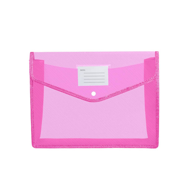 A pink envelope expanding document folder with a transparent front and a button closure. Features a label space on the front.