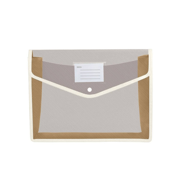 A transparent envelope expanding document folder with a cream border and a label for identification.