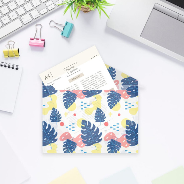 A4 clear file envelope featuring a colourful leaf design in blue, pink, and yellow, with a document inside.