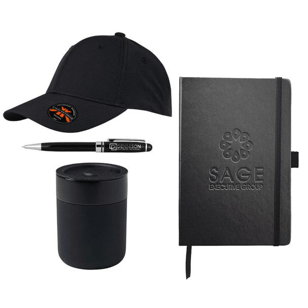A black cap, black pen, black candle, and black notebook, all featuring branding elements.