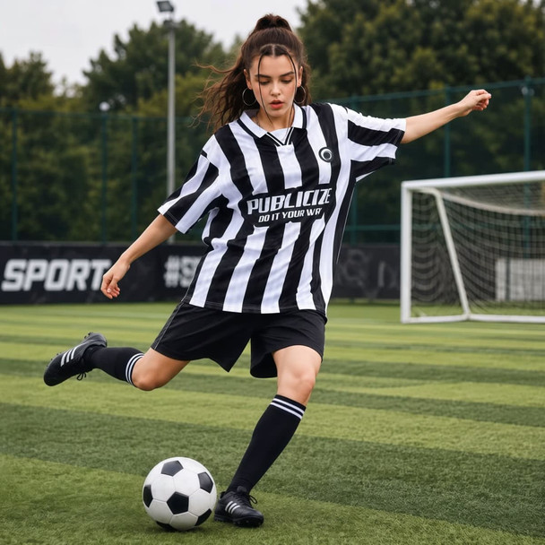 A black and white striped polo jersey is worn by a person on a soccer field, featuring a logo.