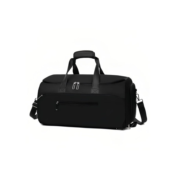 A black convertible backpack duffel garment bag with dual handles and a removable shoulder strap, featuring multiple compartments.