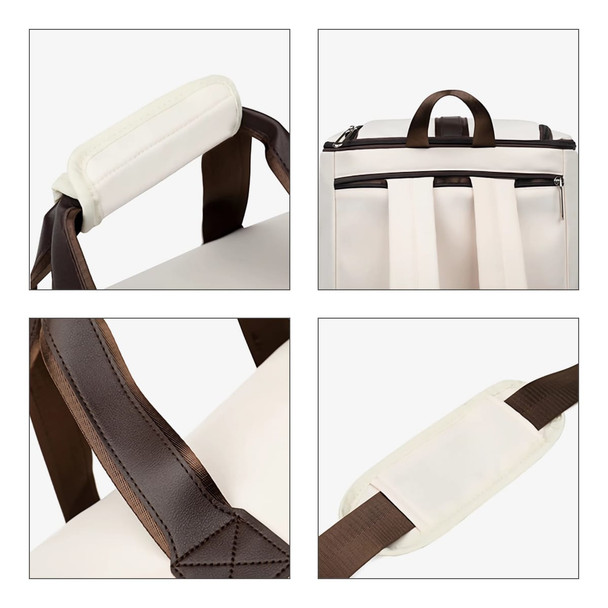 A cream and brown convertible backpack duffel garment bag, featuring padded handles and adjustable straps.