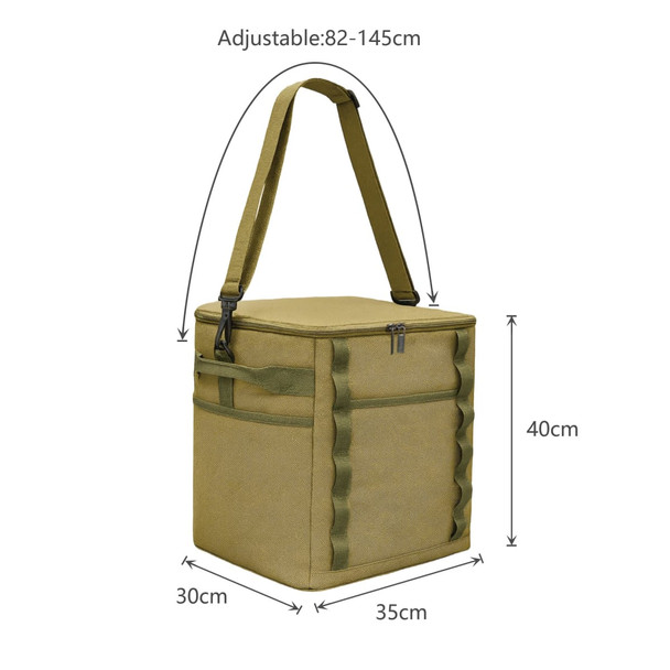 A foldable insulated cooler bag in khaki, featuring an adjustable strap and multiple compartments. A foldable insulated cooler bag in khaki, featuring an adjustable strap and multiple compartments.