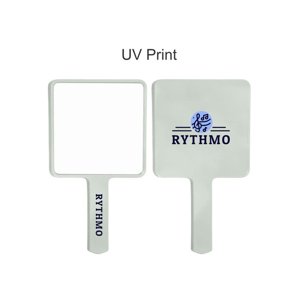 A handheld square mirror in white with a square reflective surface and a handle, featuring a logo.