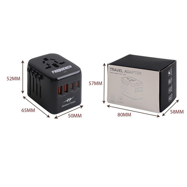 A black universal travel adapter with USB-C ports, displayed alongside its box, featuring dimensions indicated.