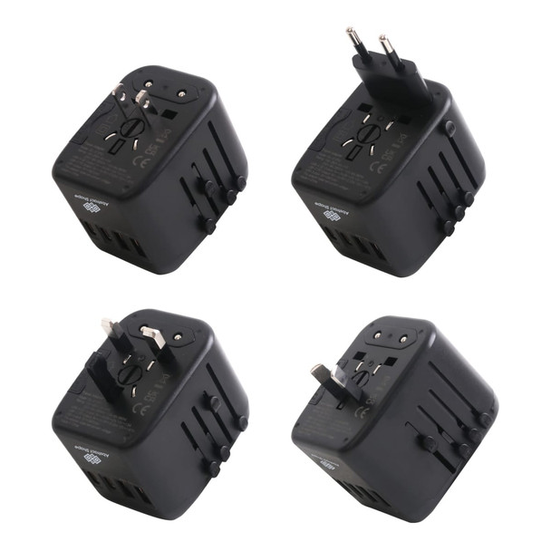 A universal travel adapter in black with multiple plug configurations and USB-C ports. It features a logo on the side.
