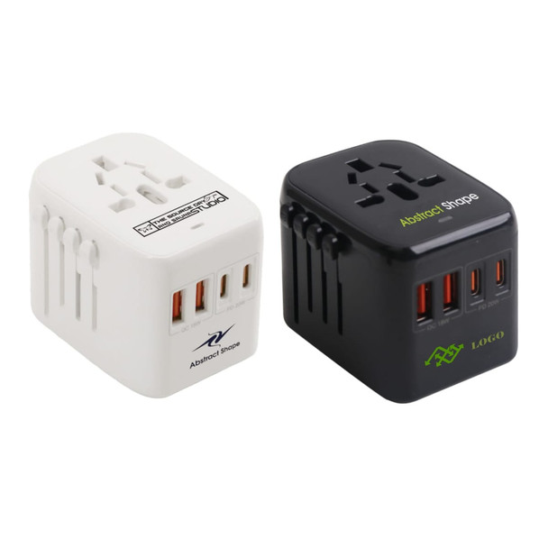 A universal travel adapter with USB-C ports in white and black, featuring multiple plug options and branding.