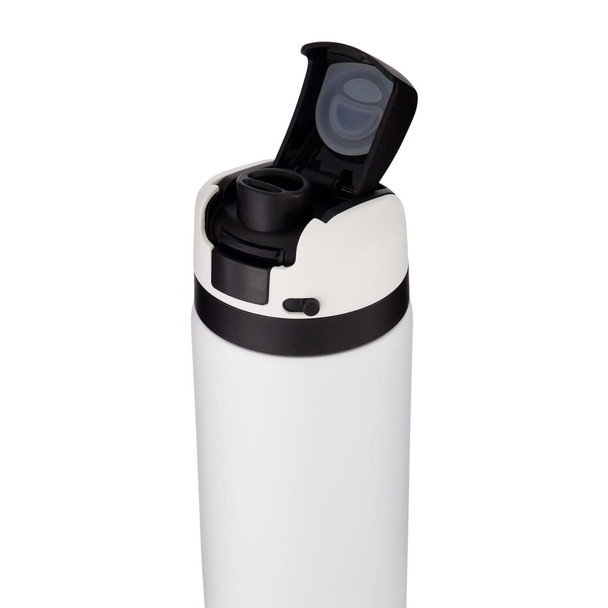 A drink bottle in matte white with a black lid and spout. Features a logo on the side.