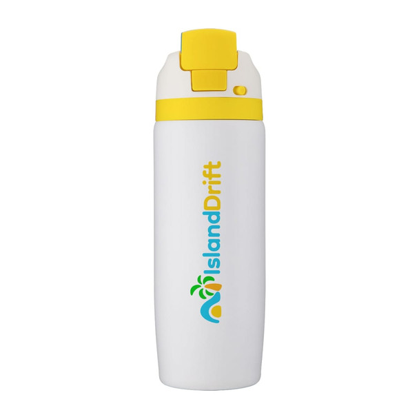 A drink bottle in white and yellow, featuring a logo and a secure flip-top lid.
