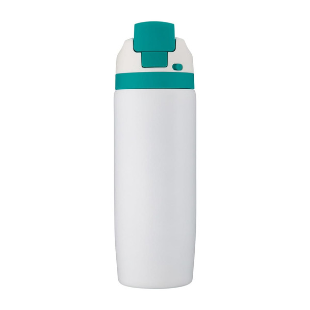A drink bottle in white with a teal lid and button, featuring a logo on the body.