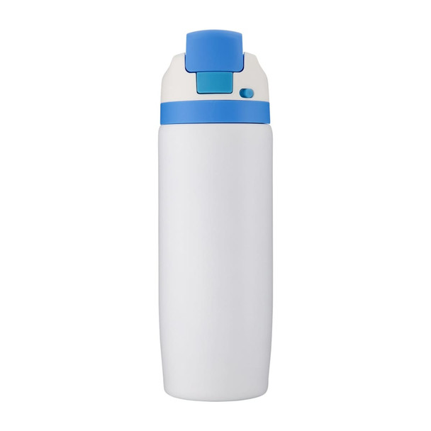 A drink bottle in white with a blue lid and button, featuring a logo on its body.