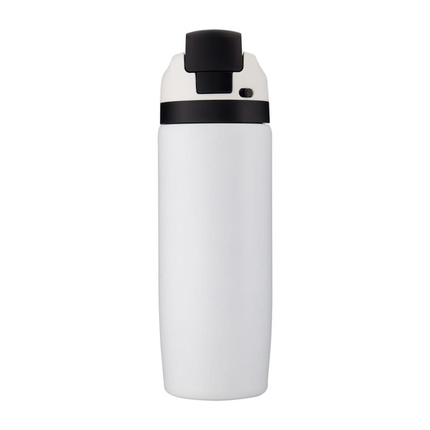 A drink bottle in white with a black lid, featuring a logo on the front.