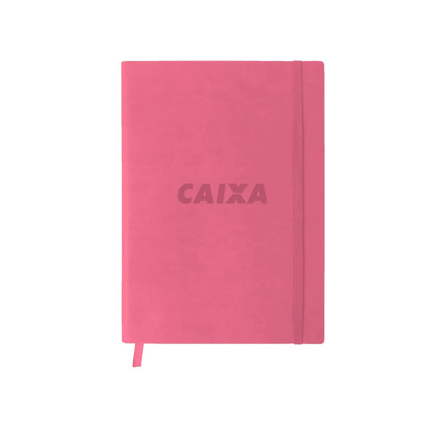 A pink PU cover notebook with an elastic closure and a branding logo on the front.