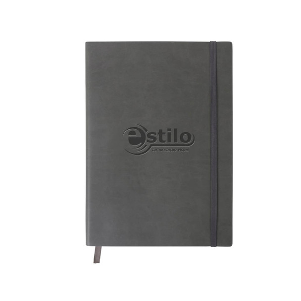 A dark grey PU cover notebook with an elastic band and a logo on the front.